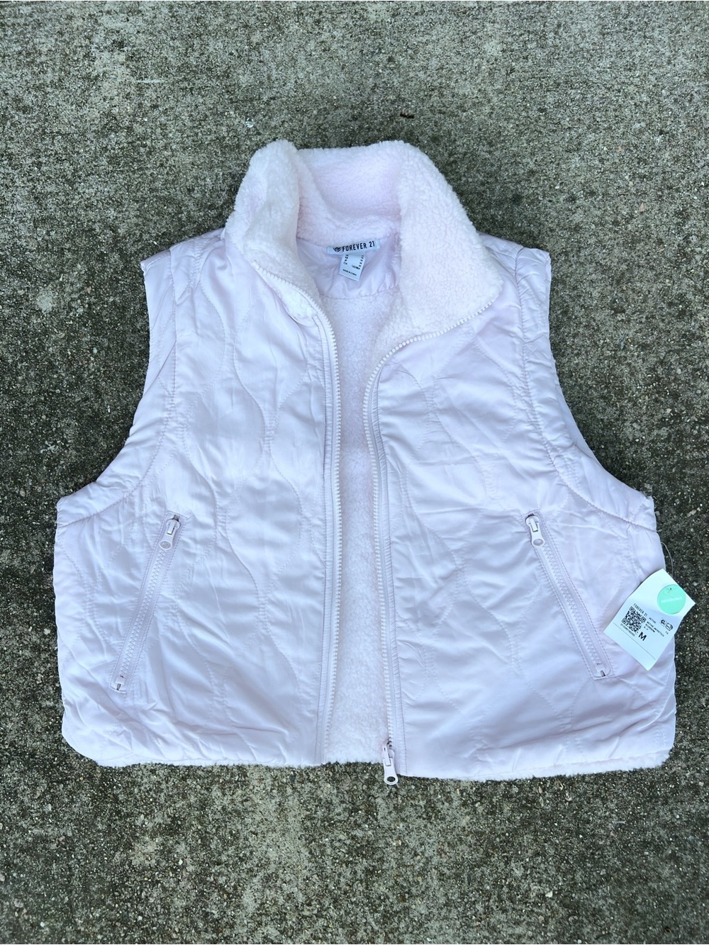 NWT Forever 21 Quilted Puffer Vest Lavender Pink Faux Shearling Neck M